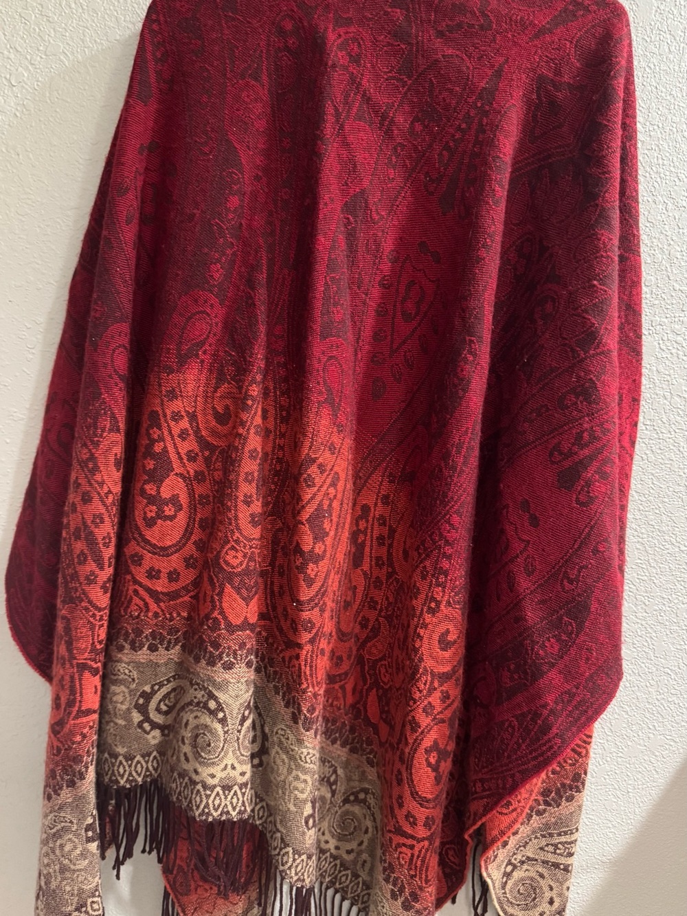 Accessory Street Paisley Gradient Fringe Shawl in Deep Red and Orange